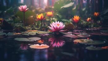 AI generated Lotus flower floating on water, vibrant colors, tranquility generated by AI photo