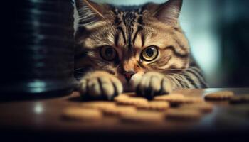 ai generado linda gatito jugando con juguete, curioso a cámara generado por ai foto