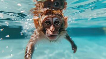 AI generated Hilarious underwater scene monkey in pool plays deep dive action, Ai Generated. photo