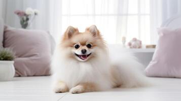 AI generated Cute Pomeranian relaxes on a white carpet in the living room, cozy and adorable. Ai Generated photo