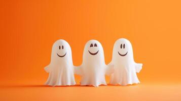 AI generated Happy Halloween holiday concept with funny pumpkin and ghosts on orange background, Ai Generated photo