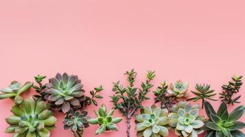 AI generated Succulents arranged against a pink backdrop, offering copy space for text. Ai Generated. photo