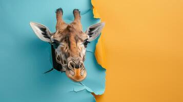 AI generated A humorous giraffe peers through a ripped hole in a contrast pastel color paper background, Ai Generated photo