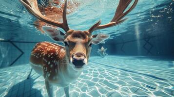 AI generated Hilarious underwater scene deer in pool plays deep dive action, Ai Generated. photo