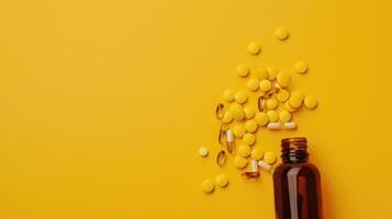 AI generated Top view of a bottle and scattered pills on a colorful background. Ai Generated. photo