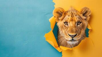 AI generated A humorous lion peers through a ripped hole in a contrast pastel color paper background, Ai Generated photo