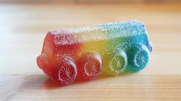 AI generated Realistic gummy candy shaped like a desk train, featuring three colors, elastic texture, and sugar sprinkle, Ai Generated photo