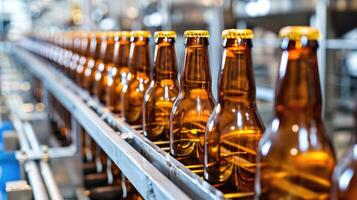 AI generated Modern beer production line showcases brown glass bottles on a conveyor in a bustling brewery. Ai Generated. photo