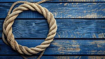 AI generated Nautical background featuring a rope shaped as a circle on a wood backdrop. Ai Generated. photo