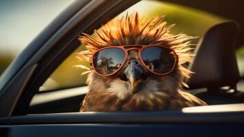 ai generado alegre pájaro disfruta coche conducir, cabeza fuera ventana con anteojos, ai generado foto