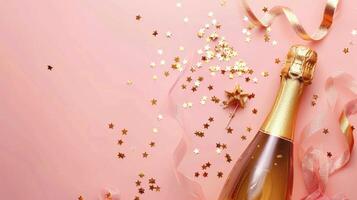 AI generated Festive celebration background featuring a golden champagne bottle. Ai Generated. photo