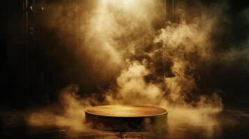 AI generated Elevate your event with a gold podium amid dark, smoky allure. Ai Generated. photo