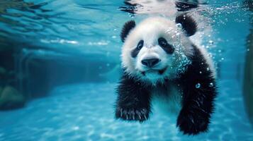 ai generado divertidísimo submarino escena panda en piscina obras de teatro profundo bucear acción, ai generado. foto