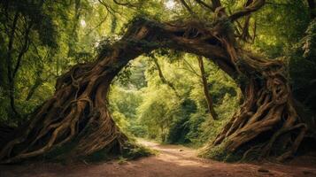 ai generado en el bosque, ramas formar un natural arco, ai generado foto