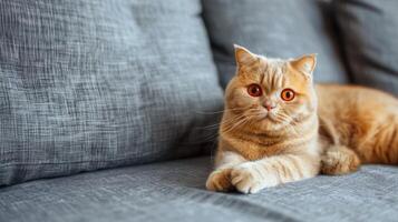 AI generated Adorable red Scottish Fold cat with orange eyes rests on a grey textile sofa at home. Ai Generated. photo