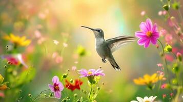 ai generado agraciado colibrí bailes en medio de primavera flores, un vibrante monitor de de la naturaleza belleza. ai generado. foto