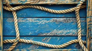 AI generated Nautical background featuring a rope shaped as a circle on a wood backdrop. Ai Generated. photo