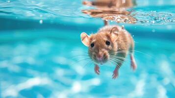 AI generated Hilarious underwater scene rat in pool plays deep dive action, Ai Generated. photo