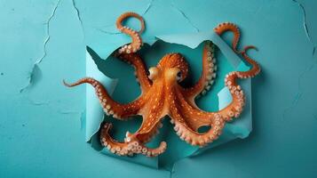 AI generated A humorous octopus peers through a ripped hole in a contrast pastel color paper background, Ai Generated photo