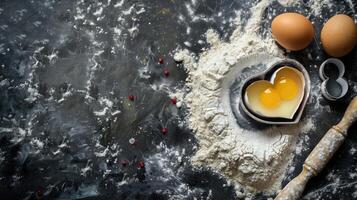 AI generated Culinary background featuring flour, rolling pin, and eggs, perfect for baking. Ai Generated. photo