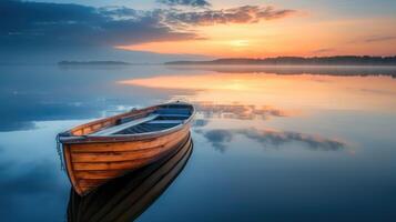 AI generated A lonely wooden boat floats on a lake, its reflection mirrored in the calm waters, Ai Generated. photo