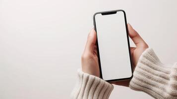 AI generated Human hand holds mobile phone mockup with blank white screen, perfect for showcasing digital designs. Ai Generated photo
