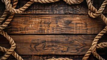 AI generated Nautical background featuring a rope shaped as a circle on a wood backdrop. Ai Generated. photo