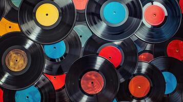 AI generated Retro vintage background crafted from colorful vinyl records, Ai Generated. photo