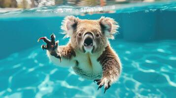 AI generated Hilarious underwater scene koala in pool plays deep dive action, Ai Generated. photo