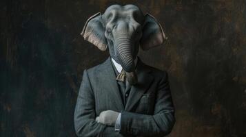 ai generado un elefante vestido en un de buen tono traje soportes como un exitoso líder y confidente hidalgo, exudando elegancia, ai generado foto