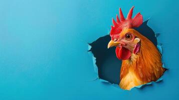 AI generated A humorous hen peers through a ripped hole in a contrast pastel color paper background, Ai Generated photo