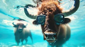 AI generated Hilarious underwater scene bison in pool plays deep dive action, Ai Generated. photo