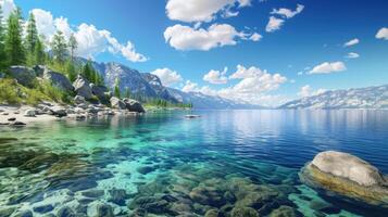 AI generated Panoramic view of the serene Mountain Lake Tahoe, where the azure waters meet the majestic mountain range, Ai Generated photo