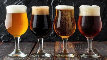 AI generated Four glasses of beer arranged on a rustic wooden background, perfect for a casual gathering. Ai Generated. photo