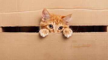 ai generado un jengibre gato asoma fuera desde un marrón cartulina caja, un encantador felino momento, ai generado. foto