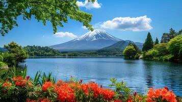 AI generated Majestic Mount Fuji overlooks serene lake in breathtaking scene, Ai Generated. photo