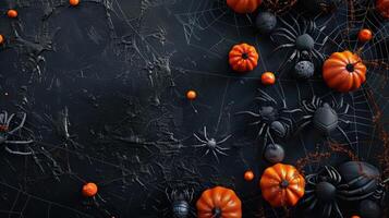 AI generated Flat lay mockup for Happy Halloween with spiders and spooky elements, Ai Generated photo