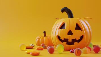 AI generated Minimalist style featuring smiling Halloween pumpkin and candies, adding festive charm, Ai Generated photo