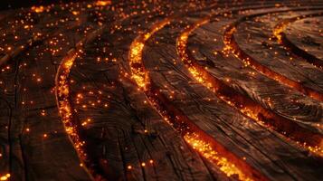 AI generated Glowing embers add warmth to a curved wooden background, Ai Generated. photo