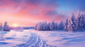 AI generated A panoramic winter landscape unfolds, featuring a serene forest blanketed in snow, a tranquil wonderland. Ai Generated photo