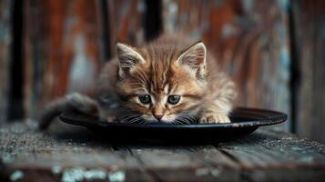 AI generated Cute brown kitten perched on a black plate, capturing a charming moment, Ai Generated. photo