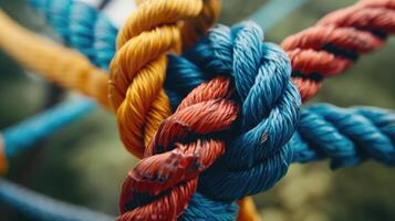 AI generated Different ropes intricately woven into a knot, a visual metaphor for teamwork and collaboration. Ai Generated. photo