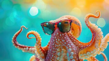 ai generado un gracioso pulpo vistiendo Gafas de sol huelgas un actitud en un estudio con un vistoso y brillante fondo, ai generado foto