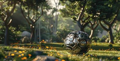 AI generated Explore the intricacy of a 3D rendered soccer ball, where cutting-edge technology meets the world's most beloved sport. Ai Generated. photo