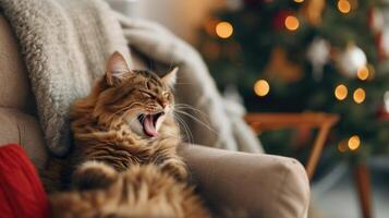 AI generated A lazy cat takes it easy, yawning and lounging in a cozy chair in the living room, Ai Generated. photo