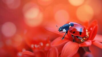 AI generated Vibrant ladybug on a red flower petal, a burst of nature's lively harmony, Ai Generated. photo