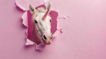 AI generated Amusing unicorn peers through ripped hole in vibrant paper backdrop. Ai Generated. photo