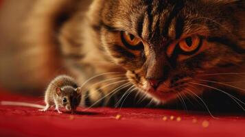 ai generado juguetón gato se involucra con minúsculo jerbo ratón en mesa. ai generado. foto