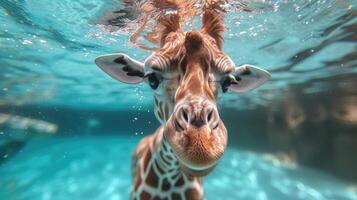 AI generated Hilarious underwater scene giraffe in pool plays deep dive action, Ai Generated. photo