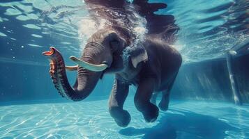 AI generated Hilarious underwater scene elephant in pool plays deep dive action, Ai Generated. photo